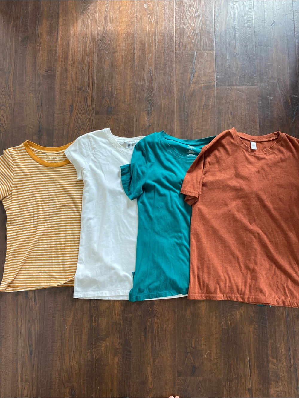 4 Cotton Natural Fibers T Shirts Mustard Yellow Stripes Teal Green White & Rust